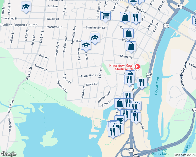 map of restaurants, bars, coffee shops, grocery stores, and more near 811 South 6th Street in Gadsden