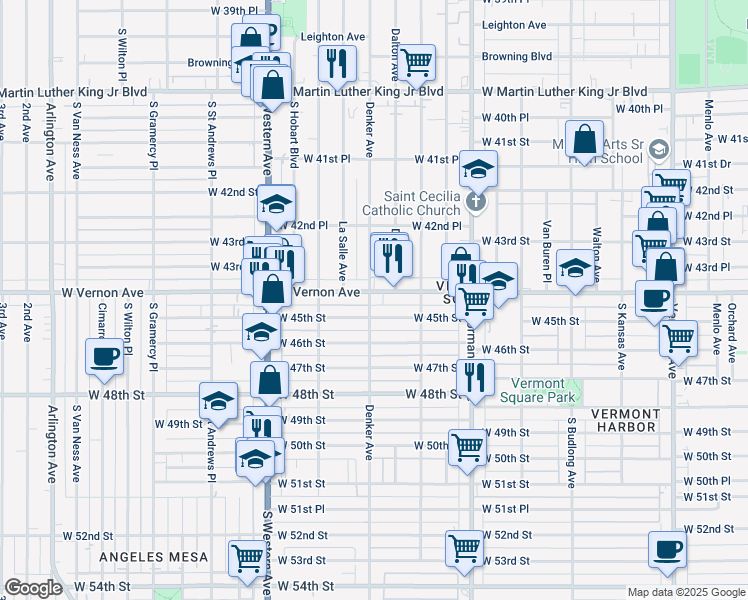 map of restaurants, bars, coffee shops, grocery stores, and more near 1534 West Vernon Avenue in Los Angeles
