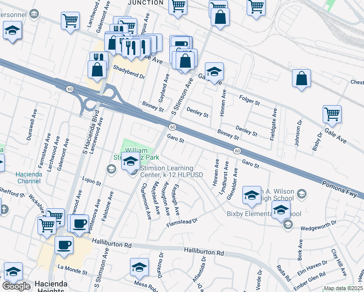 map of restaurants, bars, coffee shops, grocery stores, and more near 1411 Armington Avenue in Hacienda Heights