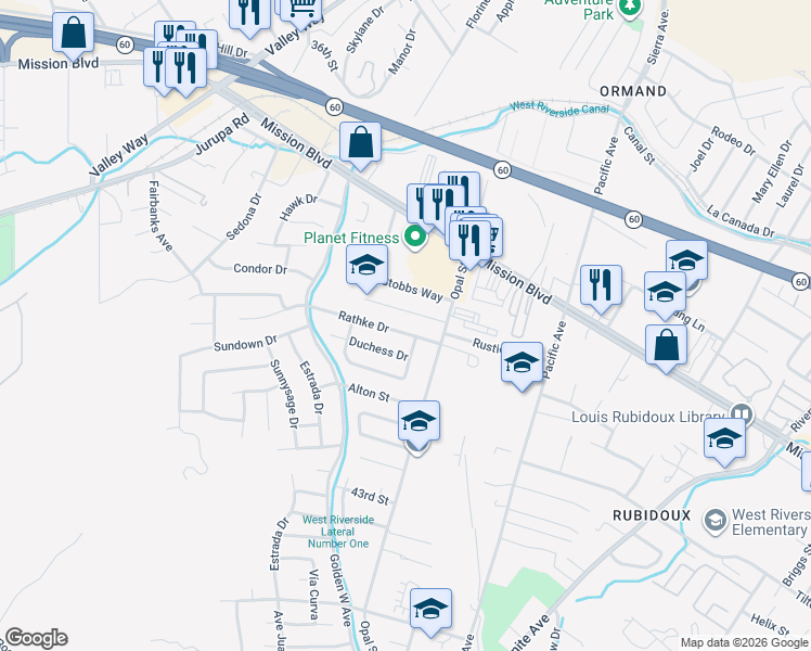 map of restaurants, bars, coffee shops, grocery stores, and more near 6349 Rathke Drive in Riverside