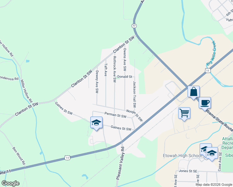 map of restaurants, bars, coffee shops, grocery stores, and more near 623 Rothrock Avenue Southwest in Attalla