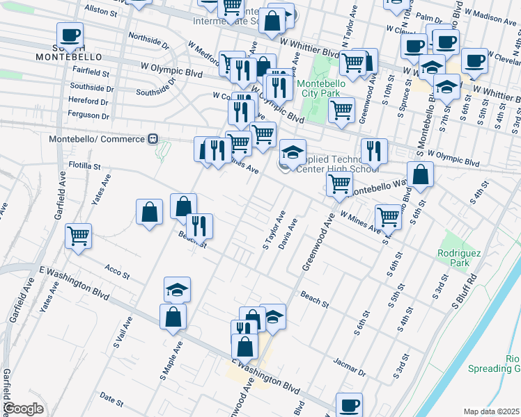 map of restaurants, bars, coffee shops, grocery stores, and more near 630 South Maple Avenue in Montebello