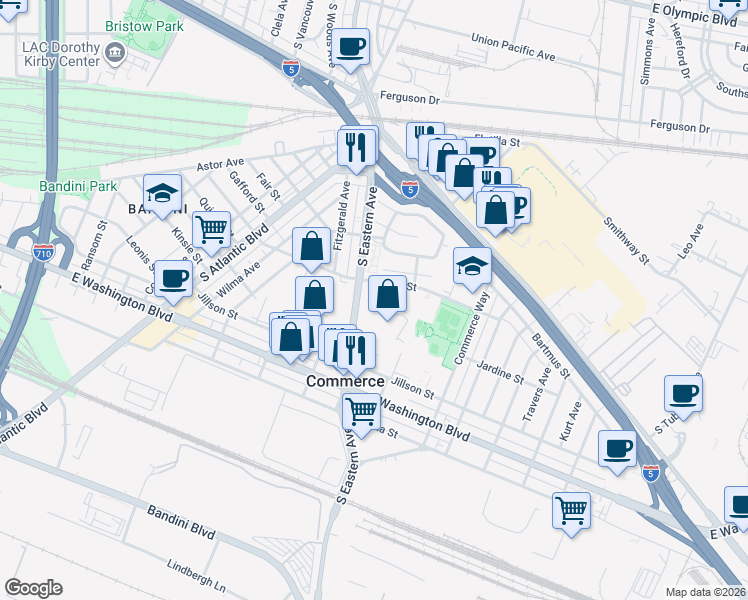 map of restaurants, bars, coffee shops, grocery stores, and more near 2300 South Eastern Avenue in Commerce