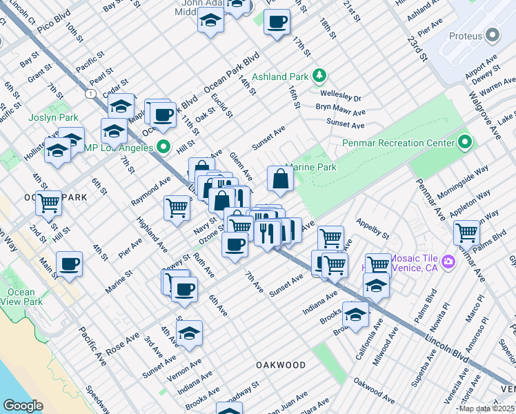 map of restaurants, bars, coffee shops, grocery stores, and more near 1110 Ozone Avenue in Santa Monica