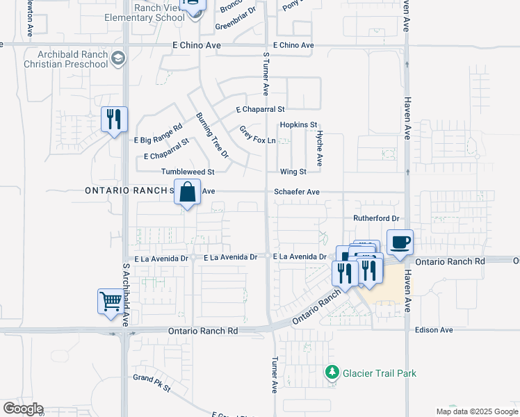 map of restaurants, bars, coffee shops, grocery stores, and more near 3071 East Oak Knoll Loop in Ontario