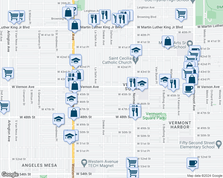 map of restaurants, bars, coffee shops, grocery stores, and more near 1496 West Vernon Avenue in Los Angeles