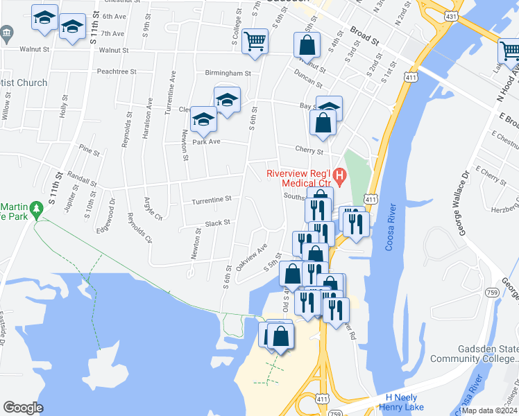 map of restaurants, bars, coffee shops, grocery stores, and more near 521 Grand Avenue in Gadsden