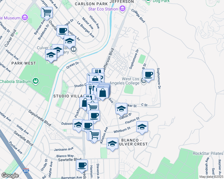 map of restaurants, bars, coffee shops, grocery stores, and more near 5400 Maytime Lane in Culver City