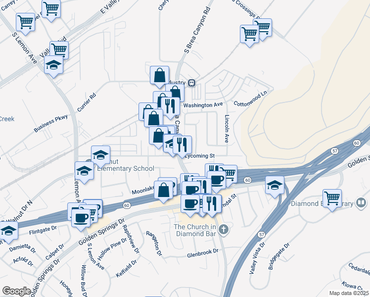 map of restaurants, bars, coffee shops, grocery stores, and more near 780 South Brea Canyon Road in Walnut