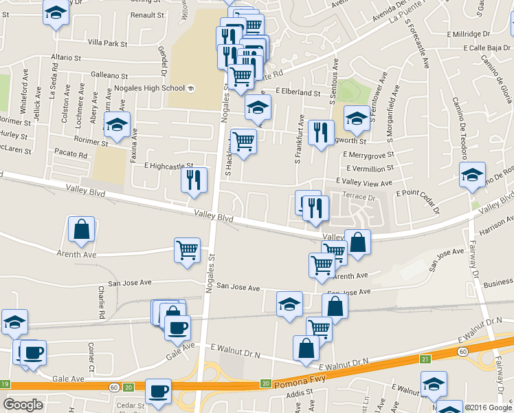 map of restaurants, bars, coffee shops, grocery stores, and more near 2775 Valley Boulevard in West Covina