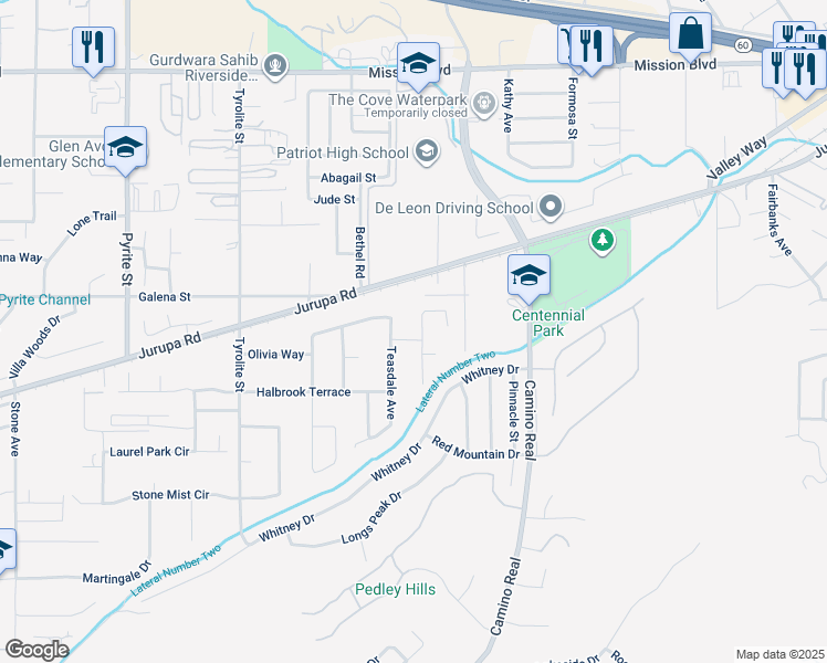 map of restaurants, bars, coffee shops, grocery stores, and more near 4691 Viaggio Circle in Riverside