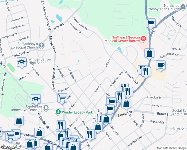 map of restaurants, bars, coffee shops, grocery stores, and more near 360 3rd Avenue in Winder
