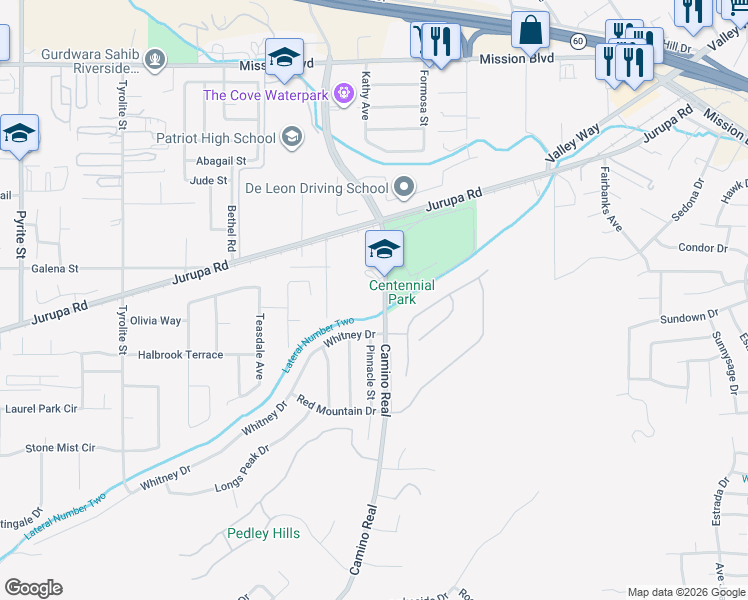 map of restaurants, bars, coffee shops, grocery stores, and more near 4655 Camino Real in Jurupa Valley