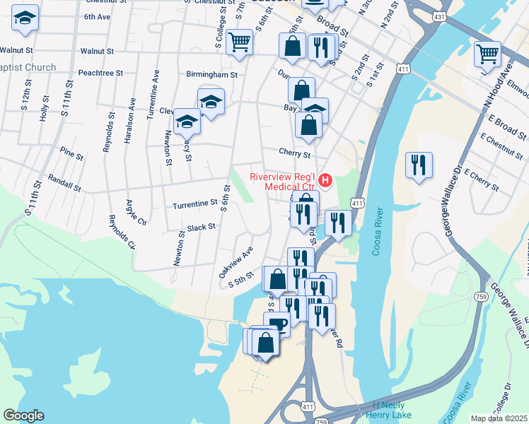 map of restaurants, bars, coffee shops, grocery stores, and more near 705 South 5th Street in Gadsden