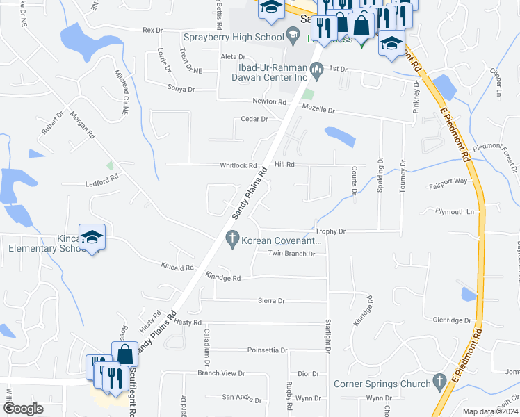 map of restaurants, bars, coffee shops, grocery stores, and more near 2074 Arrowhead Trail in Marietta