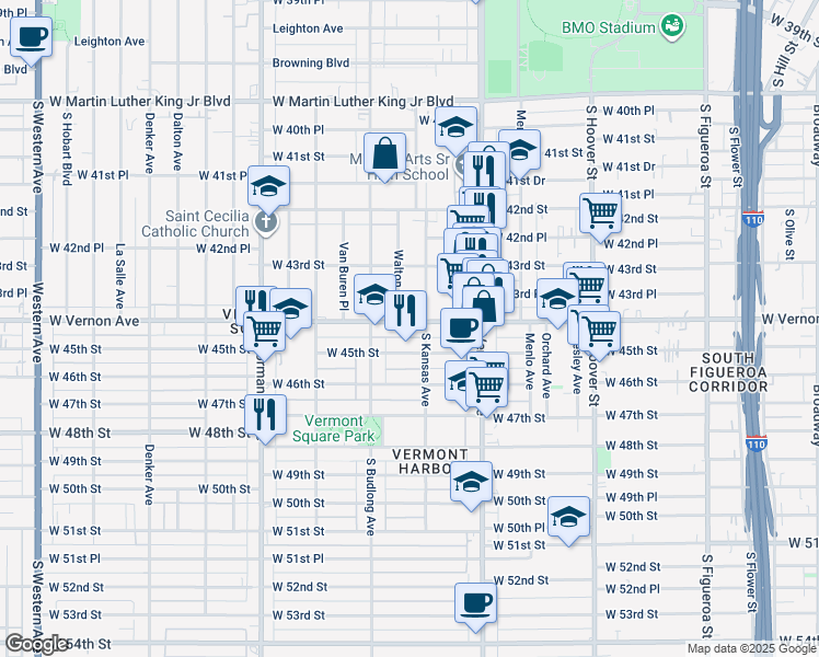 map of restaurants, bars, coffee shops, grocery stores, and more near 1116 West Vernon Avenue in Los Angeles
