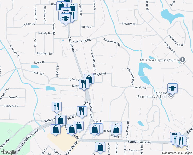 map of restaurants, bars, coffee shops, grocery stores, and more near 2127 Oland Circle in Marietta
