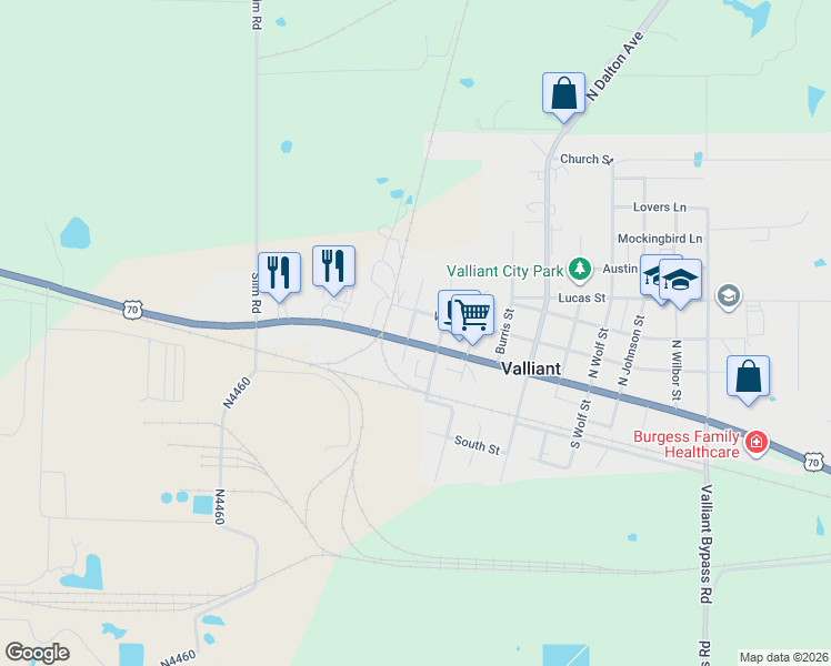 map of restaurants, bars, coffee shops, grocery stores, and more near 305 West Wilson Street in Valliant