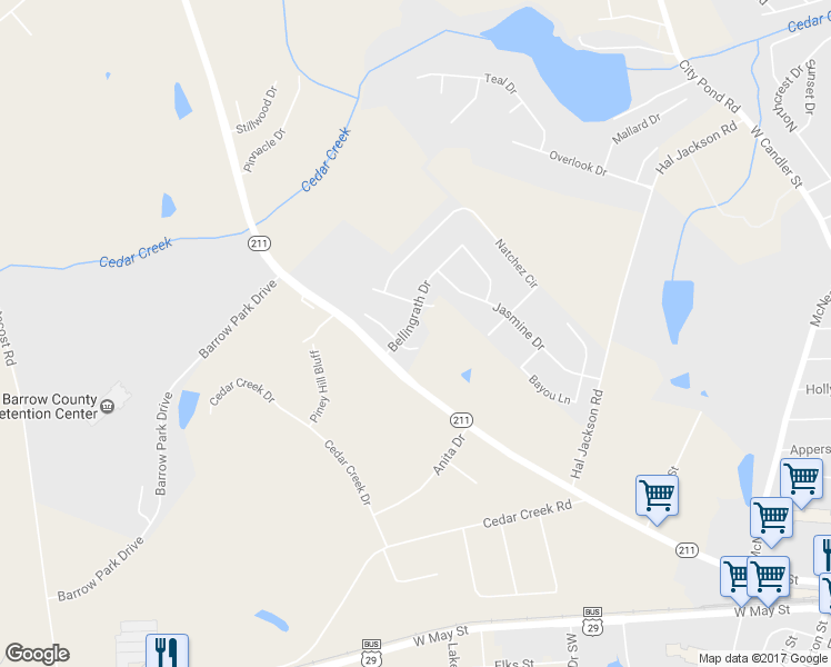 map of restaurants, bars, coffee shops, grocery stores, and more near 113 Bellingrath Drive in Winder