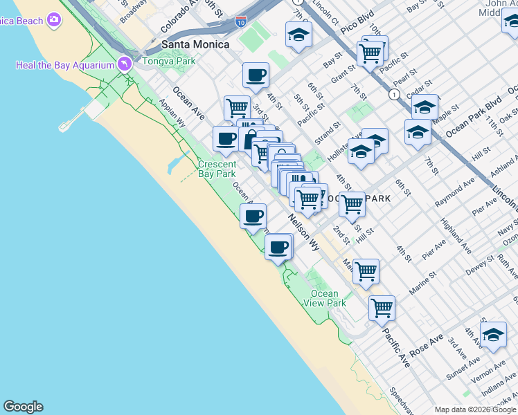 map of restaurants, bars, coffee shops, grocery stores, and more near 2306 Ocean Avenue in Santa Monica