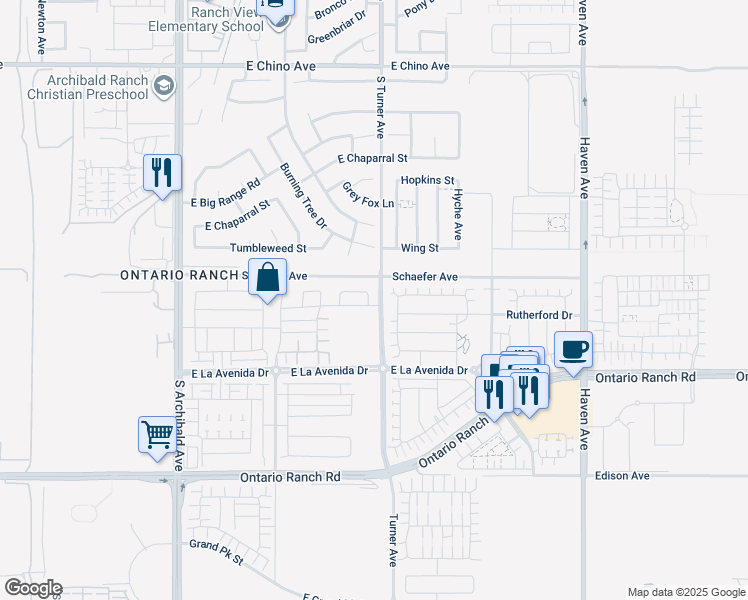 map of restaurants, bars, coffee shops, grocery stores, and more near 3071 East Oak Knoll Loop in Ontario