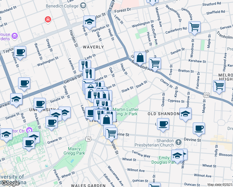 map of restaurants, bars, coffee shops, grocery stores, and more near 911 Oak St in Columbia