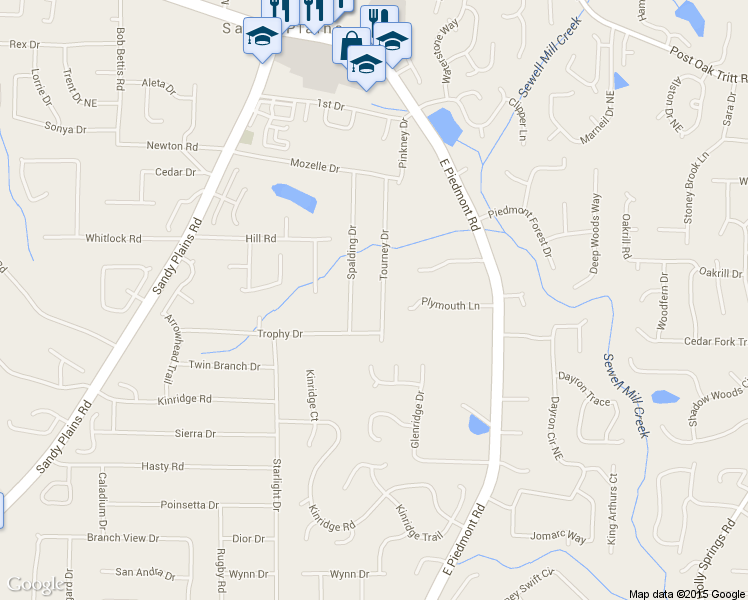 map of restaurants, bars, coffee shops, grocery stores, and more near 2133 Tourney Dr in Marietta