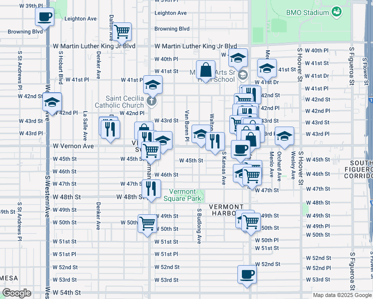 map of restaurants, bars, coffee shops, grocery stores, and more near 1257 West Vernon Avenue in Los Angeles