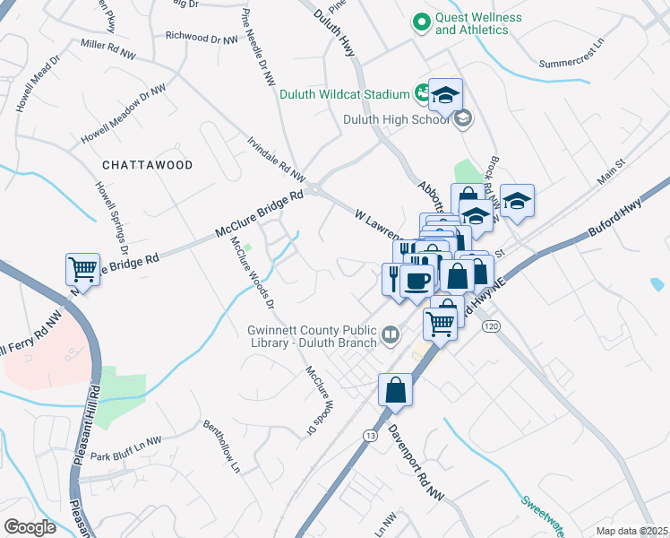 map of restaurants, bars, coffee shops, grocery stores, and more near 3730 Montrose Pond Walk in Duluth