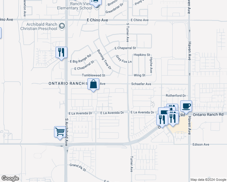 map of restaurants, bars, coffee shops, grocery stores, and more near 3001 East Oak Knoll Loop in Ontario