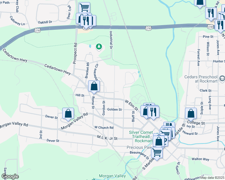 map of restaurants, bars, coffee shops, grocery stores, and more near 61 Williamson Street in Rockmart