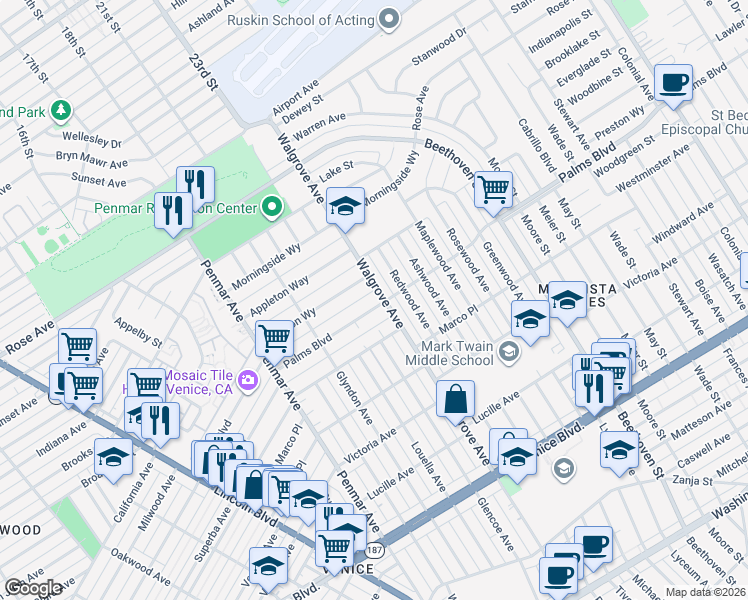 map of restaurants, bars, coffee shops, grocery stores, and more near 1385 Palms Boulevard in Los Angeles