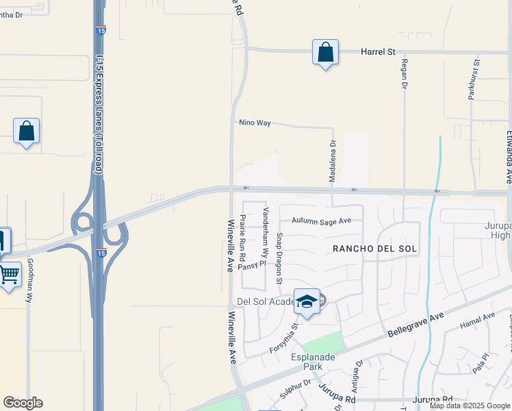 map of restaurants, bars, coffee shops, grocery stores, and more near 11086 Green Meadows Ln in Jurupa Valley