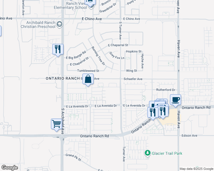 map of restaurants, bars, coffee shops, grocery stores, and more near 3001 East Oak Knoll Loop in Ontario