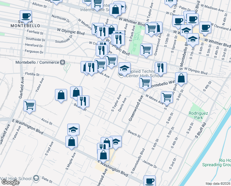 map of restaurants, bars, coffee shops, grocery stores, and more near 630 South Maple Avenue in Montebello