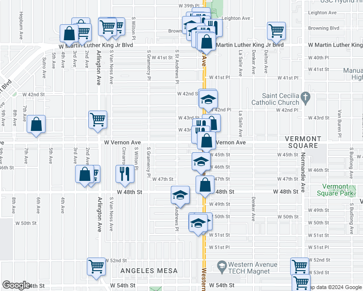 map of restaurants, bars, coffee shops, grocery stores, and more near 1756 West Vernon Avenue in Los Angeles