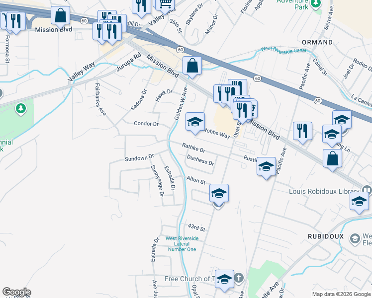 map of restaurants, bars, coffee shops, grocery stores, and more near 6442 Rathke Drive in Riverside