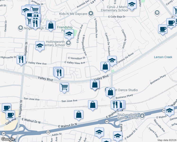 map of restaurants, bars, coffee shops, grocery stores, and more near 4117 South Morganfield Avenue in West Covina