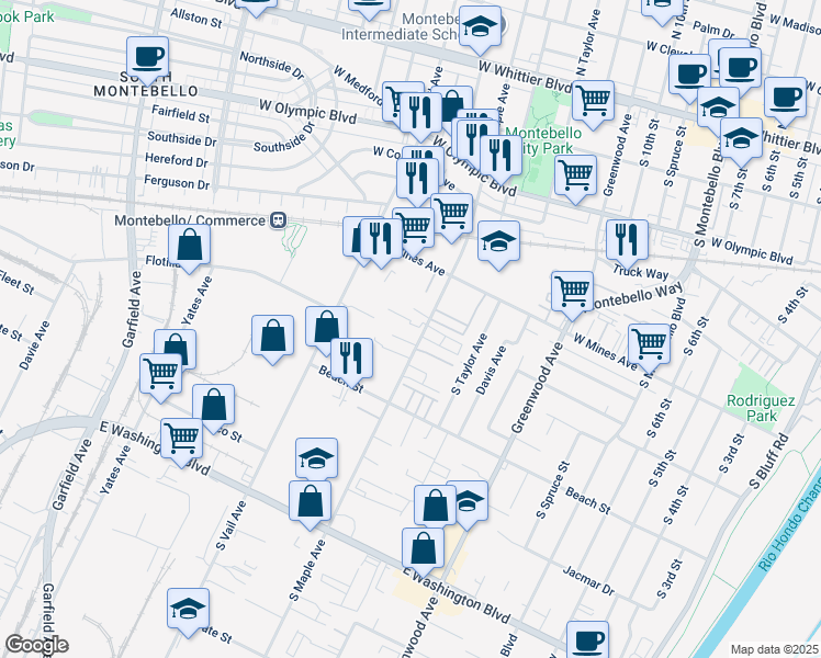 map of restaurants, bars, coffee shops, grocery stores, and more near 659 South Maple Avenue in Montebello