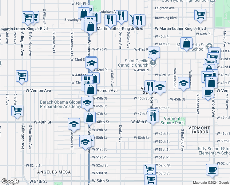 map of restaurants, bars, coffee shops, grocery stores, and more near 1552 West Vernon Avenue in Los Angeles