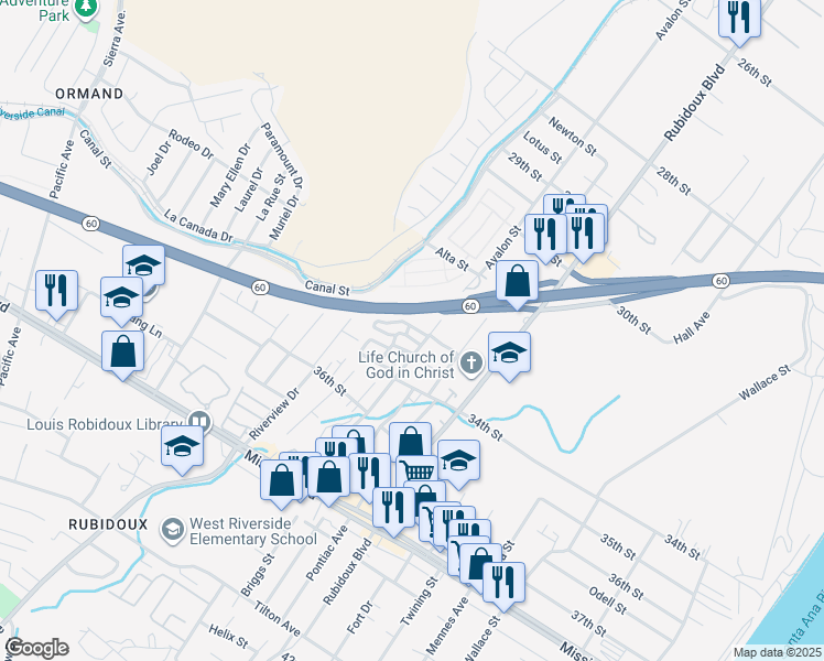 map of restaurants, bars, coffee shops, grocery stores, and more near 3319 Avalon Street in Riverside