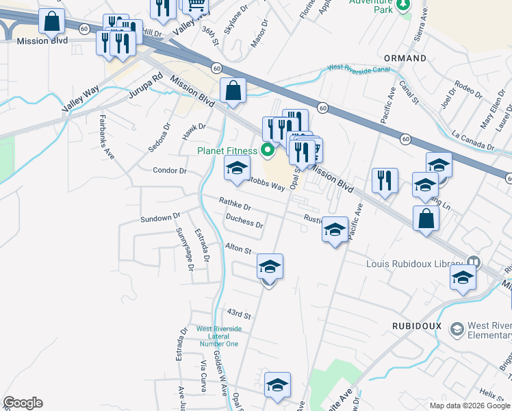 map of restaurants, bars, coffee shops, grocery stores, and more near 6349 Rathke Drive in Riverside