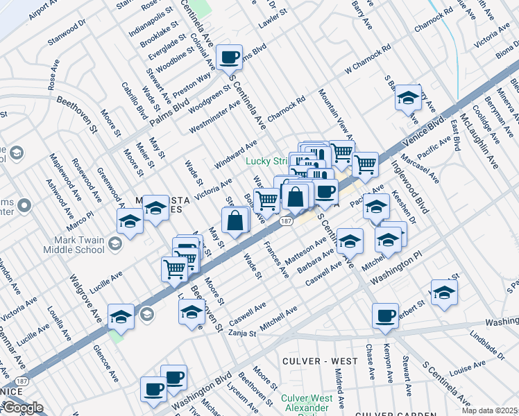map of restaurants, bars, coffee shops, grocery stores, and more near 3766 Boise Avenue in Los Angeles