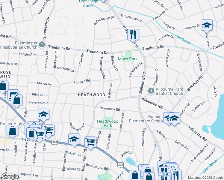 map of restaurants, bars, coffee shops, grocery stores, and more near 3905 Kenilworth Road in Columbia