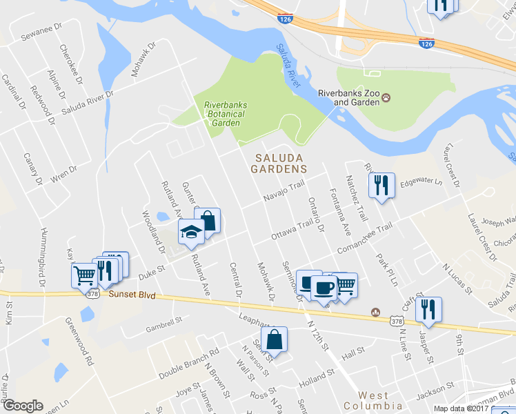 map of restaurants, bars, coffee shops, grocery stores, and more near 1023 Seminole Drive in West Columbia
