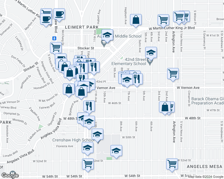 map of restaurants, bars, coffee shops, grocery stores, and more near 3100 West Vernon Avenue in Los Angeles