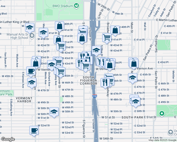 map of restaurants, bars, coffee shops, grocery stores, and more near 458 West Vernon Avenue in Los Angeles