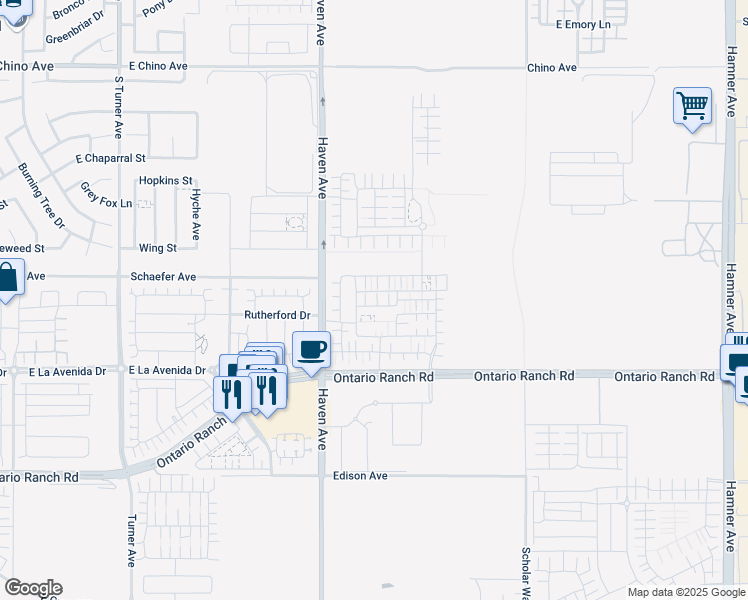 map of restaurants, bars, coffee shops, grocery stores, and more near 3572 E. Moonlight St. in Ontario
