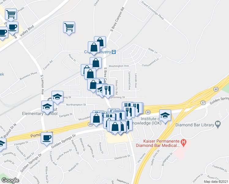 map of restaurants, bars, coffee shops, grocery stores, and more near 877 Silver Fir Road in Walnut