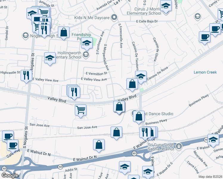 map of restaurants, bars, coffee shops, grocery stores, and more near 4117 South Morganfield Avenue in West Covina